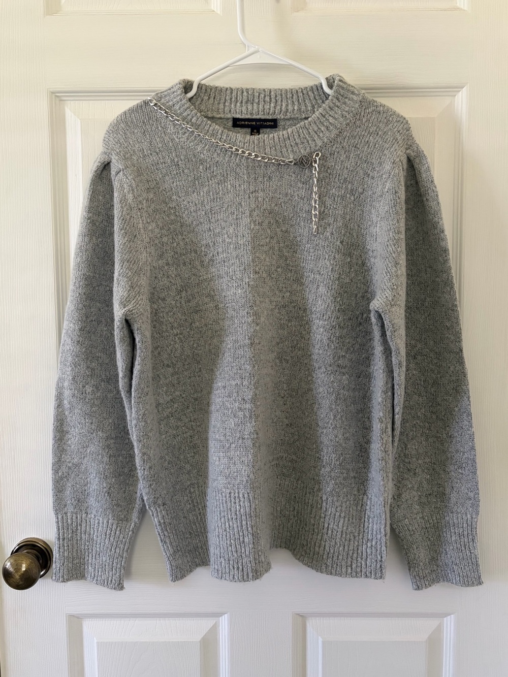 Adrienne Vittadini Gray Crewneck Sweater with Chain Accent